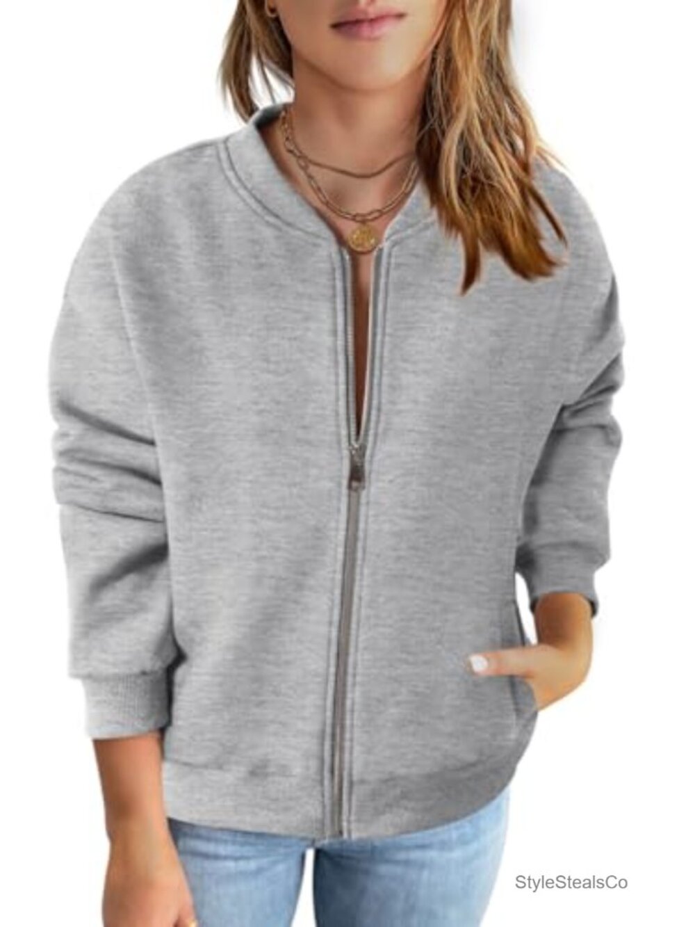 Women's Zip Up Fleece Lined Sweatshirt Jacket Crew Neck Long Sleeve